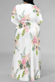 Blue Elegant Floral Print Lace Up Slit Contrast V Neck Printed Plus Size Dresses
