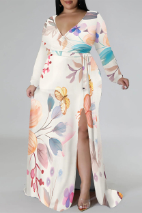 Cream White Elegant Floral Print Lace Up Slit Contrast V Neck Printed Plus Size Dresses