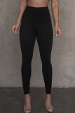 Black Casual Solid Color Patchwork Skinny Mid Waist Pencil Patchwork Bottoms