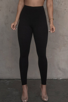 Black Casual Solid Color Patchwork Skinny Mid Waist Pencil Patchwork Bottoms