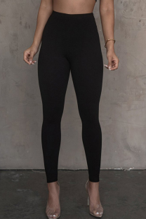Black Casual Solid Color Patchwork Skinny Mid Waist Pencil Patchwork Bottoms