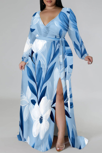 Blue Elegant Floral Print Lace Up Slit Contrast V Neck Printed Plus Size Dresses