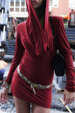 Burgundy Sexy Solid Color Patchwork Ruched V Neck Wrapped Skirt Dresses