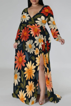 Multicolor Elegant Flowers Print Lace Up Slit Contrast V Neck Printed Plus Size Dresses