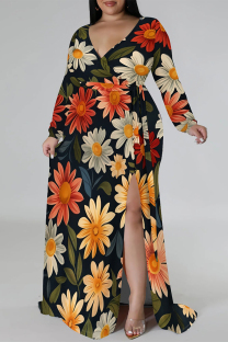 Multicolor Elegant Flowers Print Lace Up Slit Contrast V Neck Printed Plus Size Dresses