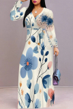 Apricot Pink Elegant Flowers Print Lace Up Contrast V Neck Printed Dresses