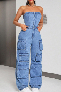 Blue Street Solid Color Pocket Buttons Patchwork Strapless Sleeveless High Waist Loose Denim Jumpsuits
