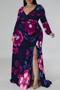 Purple Elegant Flowers Print Lace Up Slit Contrast V Neck Printed Plus Size Dresses