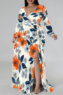 Orange Apricot Elegant Floral Print Lace Up Slit Contrast V Neck Printed Plus Size Dresses