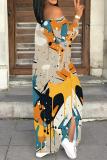 Black Sexy Street Colorblock Print Slit Contrast Off Shoulder Printed Dresses