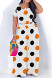 White Casual Leopard Print Polka Dot Contrast O Neck Short Sleeve Two Pieces