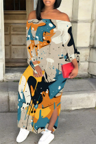 Multicolor Sexy Street Colorblock Print Slit Contrast Off Shoulder Printed Dresses