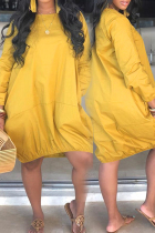 Gold Casual Solid Color Patchwork O Neck Lantern Skirt Dresses