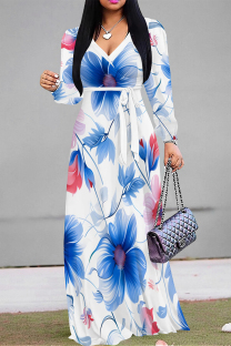 White Blue Elegant Flowers Print Lace Up Contrast V Neck Printed Dresses