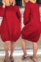 Red Casual Solid Color Patchwork O Neck Lantern Skirt Dresses