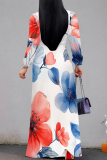 Apricot Pink Elegant Flowers Print Lace Up Contrast V Neck Printed Dresses