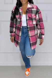 Rose Red Casual Plaid Pocket Gross Turndown Collar Tops