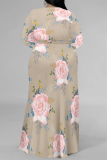 Blue Elegant Floral Print Lace Up Slit Contrast V Neck Printed Plus Size Dresses