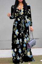 Black Elegant Flowers Print Lace Up Contrast V Neck Printed Dresses