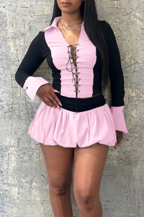 Pink Casual Patchwork Cross Straps Ruched Contrast Turndown Collar Long Sleeve Two Pieces