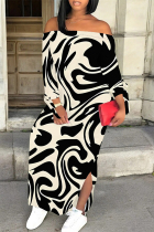 Beige Sexy Street Colorblock Print Slit Contrast Off Shoulder Printed Dresses