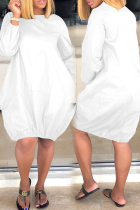 White Casual Solid Color Patchwork O Neck Lantern Skirt Dresses