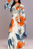 Apricot Pink Elegant Flowers Print Lace Up Contrast V Neck Printed Dresses