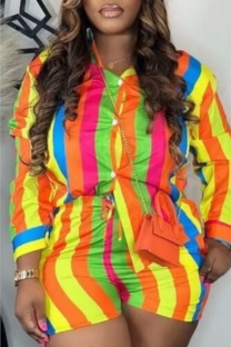 Colour Casual Striped Print Patchwork Shirt Collar Long Sleeve Two Pieces
