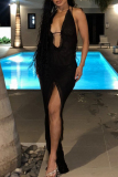 Black Sexy Solid Color Patchwork Backless High Slit Strap Design Halter Irregular Dresses