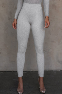 Grey Casual Solid Color Patchwork Skinny Mid Waist Pencil Patchwork Bottoms
