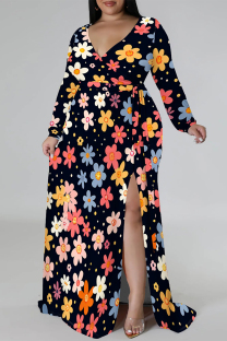 Black Elegant Flowers Print Lace Up Slit Contrast V Neck Printed Plus Size Dresses