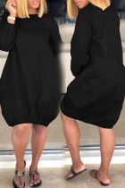 Black Casual Solid Color Patchwork O Neck Lantern Skirt Dresses