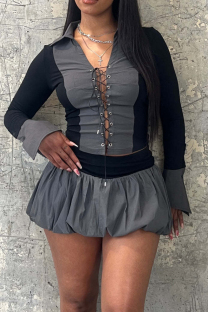Grey Casual Patchwork Cross Straps Ruched Contrast Turndown Collar Long Sleeve Two Pieces