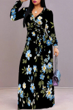 Beige Elegant Flowers Print Lace Up Contrast V Neck Printed Dresses