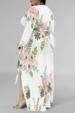 Blue Elegant Floral Print Lace Up Slit Contrast V Neck Printed Plus Size Dresses