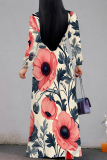 Apricot Pink Elegant Flowers Print Lace Up Contrast V Neck Printed Dresses