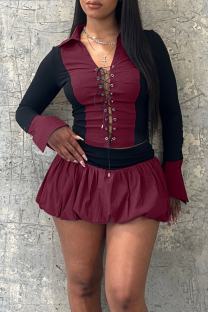 Burgundy Casual Patchwork Cross Straps Ruched Contrast Turndown Collar Long Sleeve Two Pieces