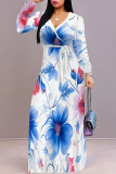 Apricot Pink Elegant Flowers Print Lace Up Contrast V Neck Printed Dresses