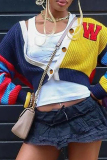 Colour Casual Letters Buckle Patchwork V Neck Outerwear
