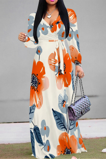 Orange Apricot Elegant Flowers Print Lace Up Contrast V Neck Printed Dresses