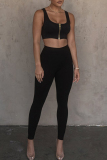 Black Casual Solid Color Patchwork Skinny Mid Waist Pencil Patchwork Bottoms