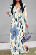 Apricot Blue Elegant Flowers Print Lace Up Contrast V Neck Printed Dresses