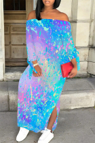 Blue Purple Sexy Street Colorblock Print Slit Contrast Off Shoulder Printed Dresses
