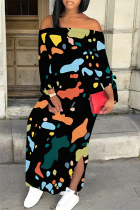 Black Sexy Street Colorblock Print Slit Contrast Off Shoulder Printed Dresses