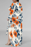 Blue Elegant Floral Print Lace Up Slit Contrast V Neck Printed Plus Size Dresses