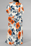 Blue Elegant Floral Print Lace Up Slit Contrast V Neck Printed Plus Size Dresses