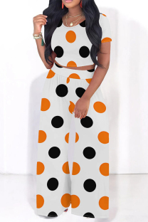 White Casual Leopard Print Polka Dot Contrast O Neck Short Sleeve Two Pieces