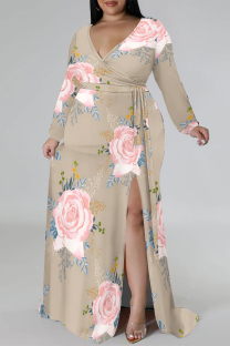 Apricot Elegant Floral Print Lace Up Slit Contrast V Neck Printed Plus Size Dresses
