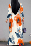 Apricot Pink Elegant Flowers Print Lace Up Contrast V Neck Printed Dresses