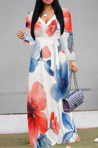 White Red Elegant Flowers Print Lace Up Contrast V Neck Printed Dresses